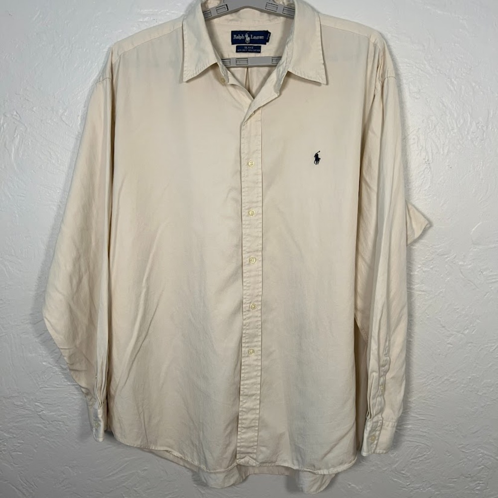 VTG 90s Polo Ralph Lauren Blake 62% Silk Cotton Shirt XXL Cream Mens Pony